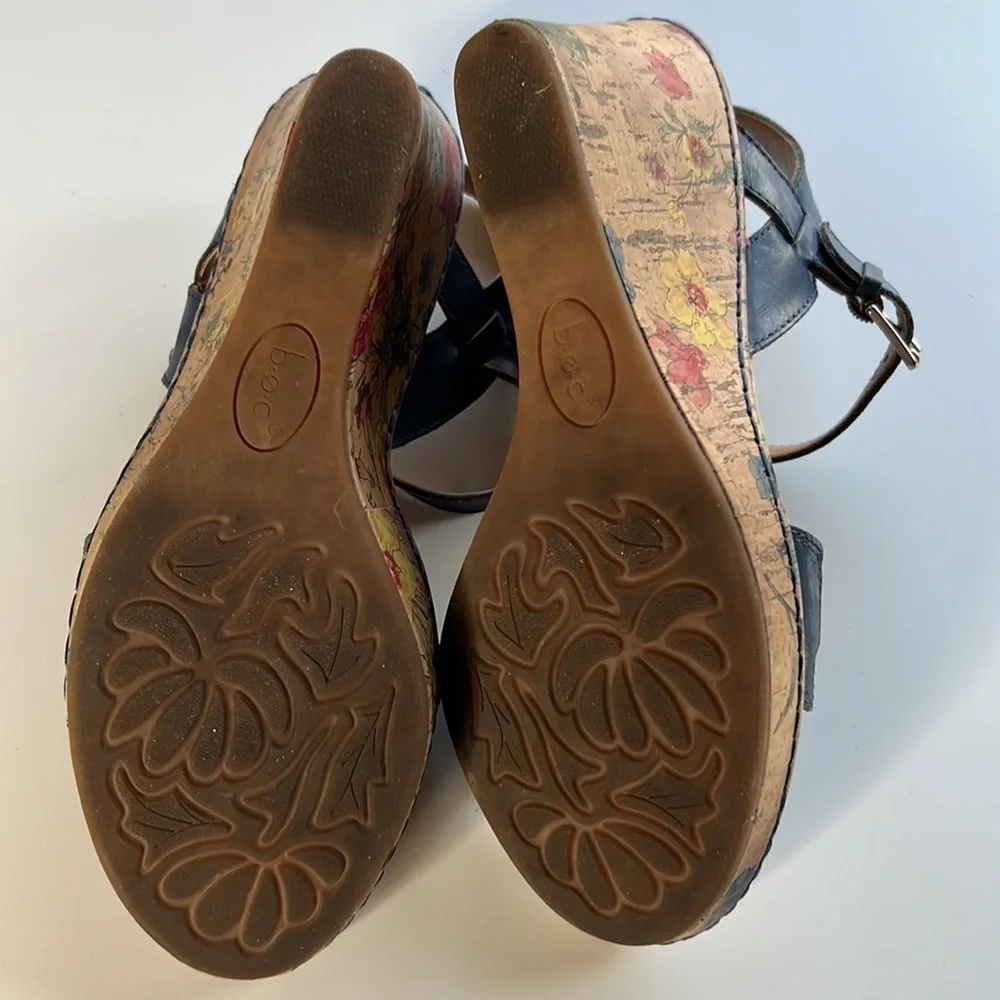 Born BOC Blue Leather Braided Strap Cork Floral Wedge Sandals Size 9